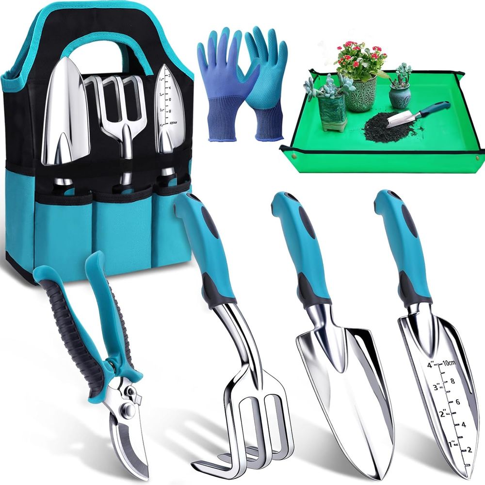 Repotting Mat - Robustes 7-teiliges Gartengeräte-Set mit Schaufel, Handspaten,